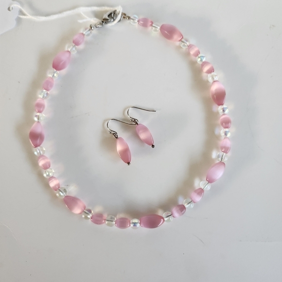 Hand Crafted Necklace and Pierced Pink Cat's Eye Iridescent Beads 15.5" Kids Set - Picture 4 of 7